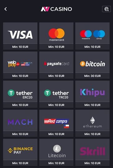 Válassz az NV Casino elérhető fizetési módjai közül — Visa, Mastercard, Skrill, kriptovaluták és e-pénztárcák minimálisan 10 EUR-tól 