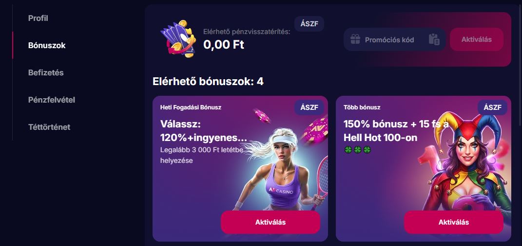 Aktiváld az elérhető bónuszokat és igényeld a heti pénzvisszatérítést az NV Casino fiókodon belül