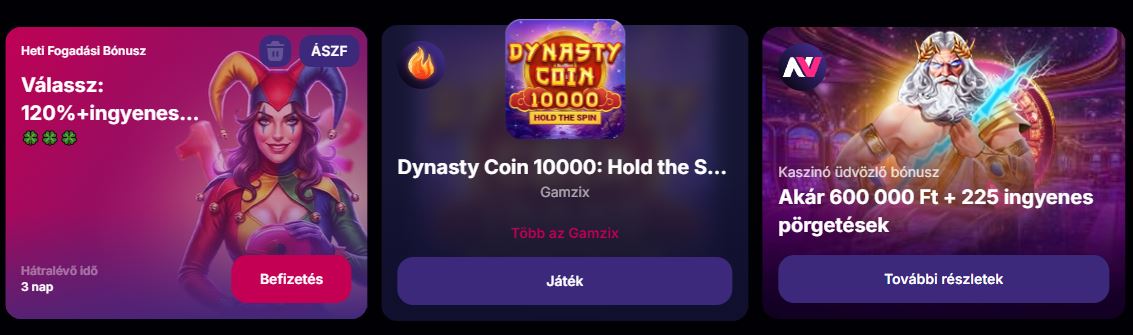 Igényeld a heti fogadási bónuszt, fedezd fel a Dynasty Coin 10000 nyerőgépet és szerezz akár 600 000 Ft értékű üdvözlő bónuszt 225 ingyenes pörgetéssel