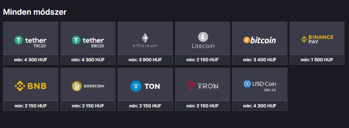 Vedd fel nyereményeidet kriptovalutával Forintban megadott minimumokkal — Tether, Ethereum, Bitcoin, Binance Pay, TRON és további lehetőségek