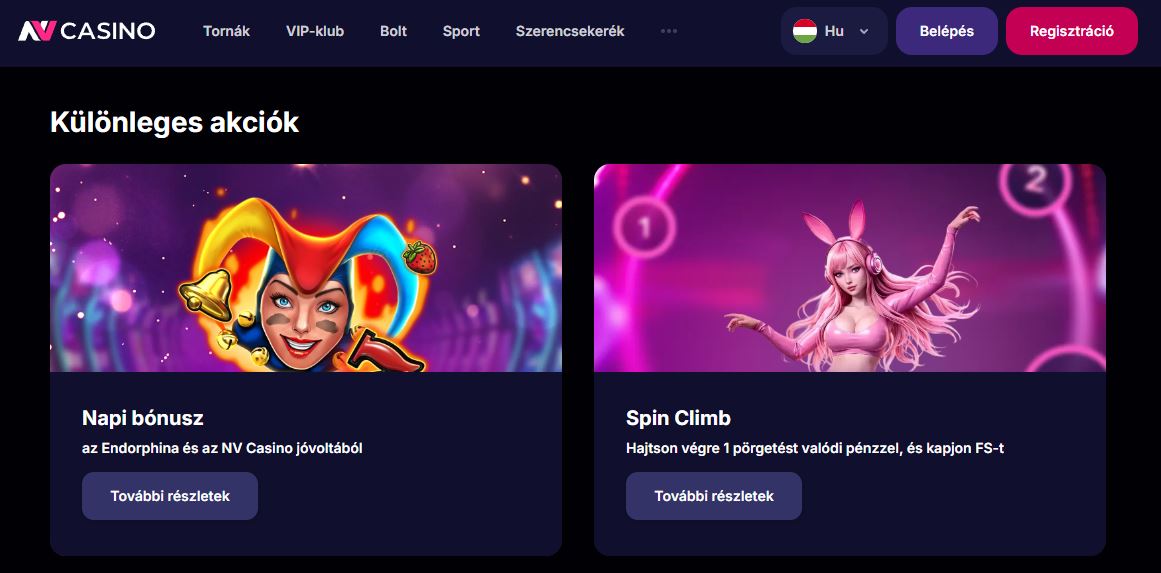 Fedezd fel az NV Casino különleges akcióit — szerezz napi bónuszt az Endorphinától és nyerj ingyenes pörgetéseket a Spin Climb promócióval